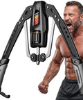 EAST Mount Twister Arm Exerciser Get Ripped With Adjustable Hydraulic Resistance Up To Four Hundred Forty Pounds Perfect For Home Workouts close-up of resistance mechanism and muscular user.