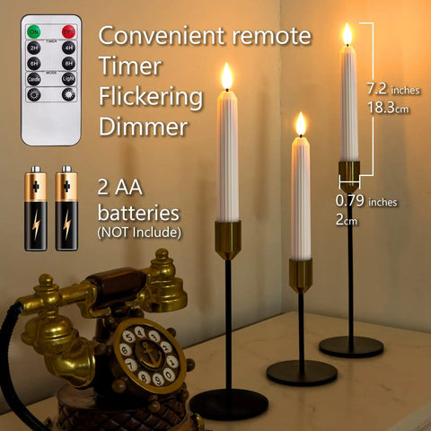 Flameless Flickering LED Taper Candles 7 Inch Ivory Plastic Roman Column, remote controlled, three candles with batteries and remote