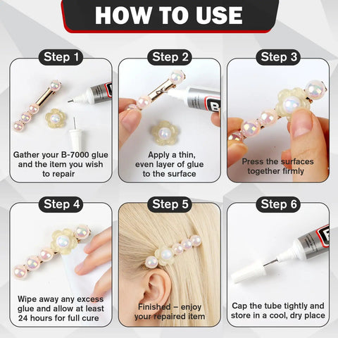Instructions for using B-7000 glue with pearls and jewelry, includes steps for applying and setting adhesive for DIY projects.