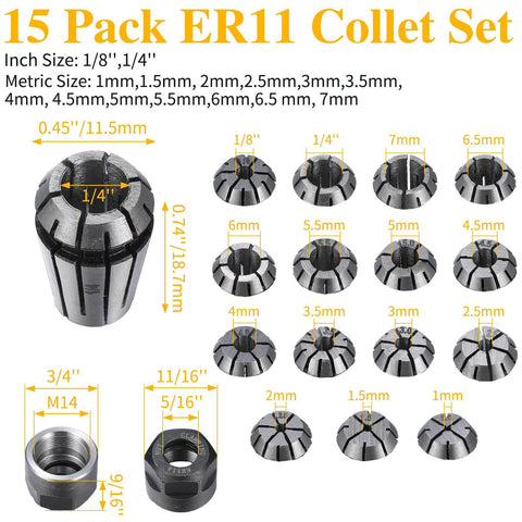Pro Grade ER11 Spring Collet Set, 19-Piece CNC Milling Lathe Chuck Kit With 15 Precision Collets From 1mm To 7mm And One Quarter Inch And One Eighth Inch, Plus Four M14 Clamping Nuts For Engraving And Milling Projects displayed with collet sizes and dimensions