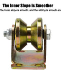 Heavy Hitter V Groove Sliding Door Pulleys With Silent Glide Rigid Casters For Inverted Track Gates and Glass Doors, gold metal roller detail.