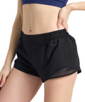 Woman wearing black Women's Running Shorts With Zip Pocket And Built In Liner, Quick-Dry Lightweight Two Point Five Inch Inseam