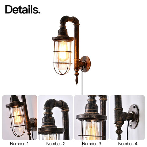 Industrial Plug In Wall Light E26 Base Edison Wire Retro Style Vintage Wall Lights Cage Rustic Sconce with adjustable cord, close-up