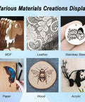 Six samples: MDF sheep, leather, stainless steel tag, paper notebook butterfly, wood slice bee, acrylic panda