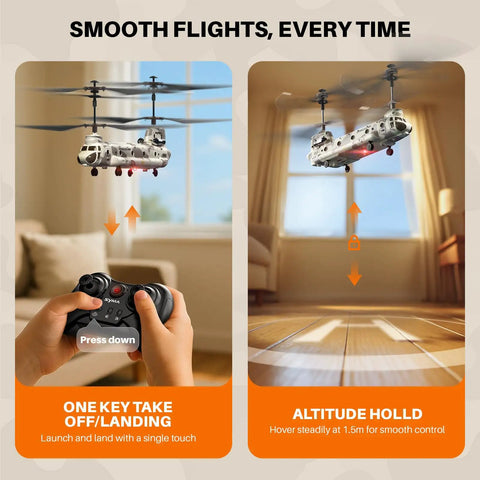 Rugged Military Transport RC Helicopter With Altitude Hold And One Key Takeoff Landing Twin Rotor Design LED Lights flying indoors