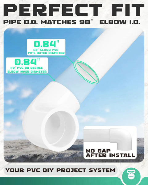 Close-up of Half Inch 20 Pcs Heavy Duty 90 Degree PVC Elbow Fittings Socket To Socket for DIY Projects, showing perfect fit and dimensions.