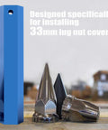 Aluminum 33mm Lug Nut Cover Removal Tool Socket For Semi Truck Trailer, 11 inch blue hex shape tool with lug nut covers.