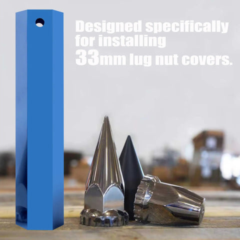 Aluminum 33mm Lug Nut Cover Removal Tool Socket For Semi Truck Trailer, 11 inch blue hex shape tool with lug nut covers.