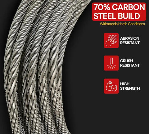 Close-up of 70% carbon steel Heavy Duty Half Inch By 75 Foot Winch Cable Rope For Wrecker Tow Trucks with abrasion and crush resistance.