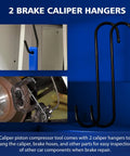 Image of Beefy 4 In 1 Universal Brake Caliper Compression Tool with 2 caliper hangers for auto and motorcycle brake repair.