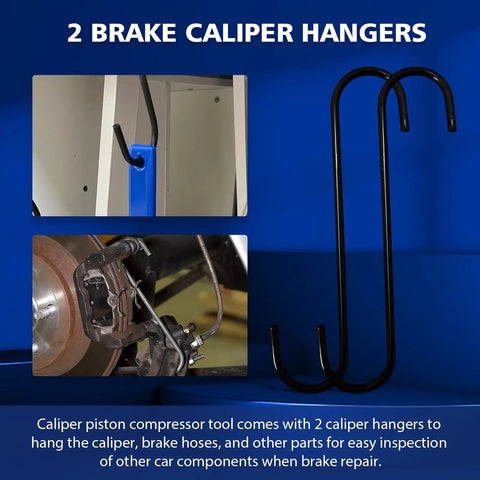Image of Beefy 4 In 1 Universal Brake Caliper Compression Tool with 2 caliper hangers for auto and motorcycle brake repair.