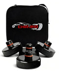 Heavy Duty Jack Pads For Tesla Models 3 S X Y With Juniper Style 4 Pucks and storage case displayed on white background