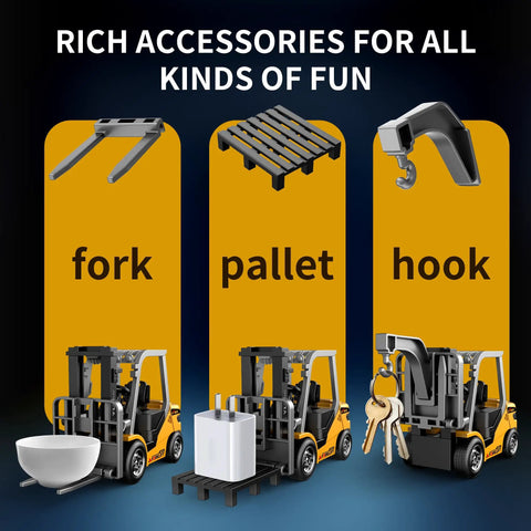 Mini One Sixty Fourth Scale RC Forklift Toy With 2 In 1 Transformable Lift Fork And Hook showing fork, pallet, and hook accessories.