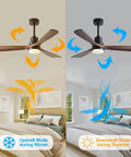52 Inch Wood Ceiling Fan With Lights And Remote Control in living room showing updraft and downdraft modes for seasons