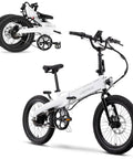 XP Lite2 Folding Electric Bike For Adults, Arctic White shown folded and unfolded, ultralight aluminum frame, 20 MPH, 48V battery