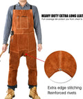 Person wearing Split Leg Leather Welding Apron For Men And Women, Heat Resistant And Flame Resistant Bib Apron, showcasing stitching details.