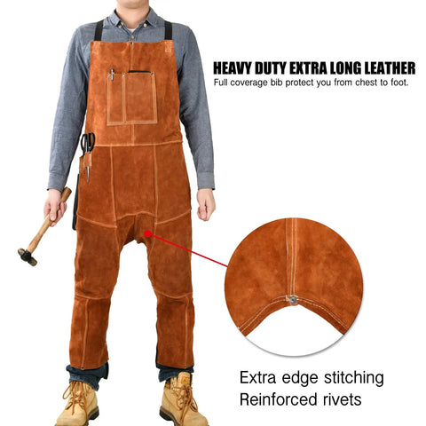 Person wearing Split Leg Leather Welding Apron For Men And Women, Heat Resistant And Flame Resistant Bib Apron, showcasing stitching details.