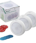 Three Pack Touch Activated LED Night Lights Battery Powered No Wires Needed 5000K Cool White 36 Lumen Per Lamp with packaging and adhesive pads.