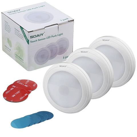 Three Pack Touch Activated LED Night Lights Battery Powered No Wires Needed 5000K Cool White 36 Lumen Per Lamp with packaging and adhesive pads.