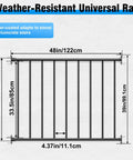 Weather-resistant universal rail measuring 48in wide and 36in high for indoor outdoor use, adaptable for stairs and decks.