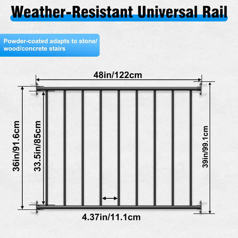 Weather-resistant universal rail measuring 48in wide and 36in high for indoor outdoor use, adaptable for stairs and decks.