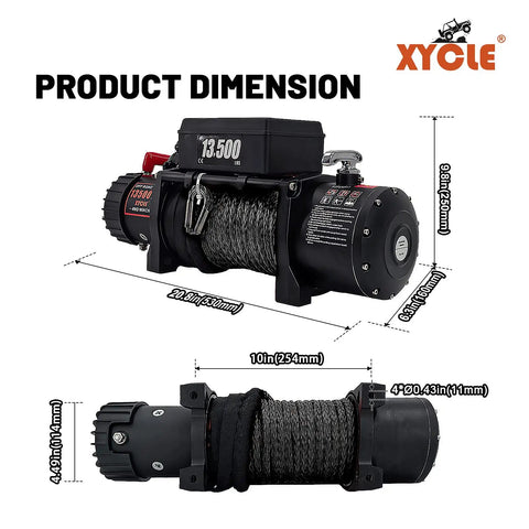 Heavy Duty 13,500 Lbs 12V Electric Winch With 3/8 Inch Synthetic Rope, Waterproof IP67, Remote Control, For 4x4 Trucks, SUVs, ATVs, Boats, And Trailers, Built For Serious Off Road Recovery product dimension view with synthetic rope