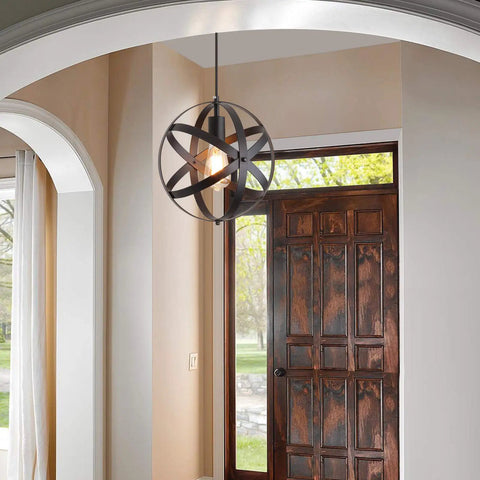 Farmhouse Black Globe Cage Pendant Light With Industrial Rustic Metal Look in entryway above door, E26 1 light fixture