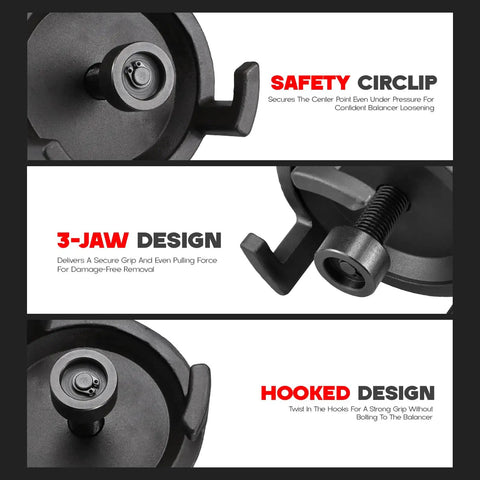 Safety circlip, 3-jaw, and hooked design features of GM Harmonic Balancer Puller And Crank Pulley Install Tool For LS Series Engines 1997 Up.