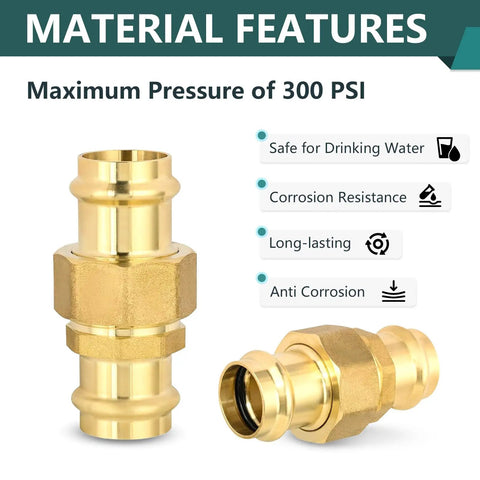 50 Pack 1 Inch Copper Press Union Coupling Fittings Lead Free Brass Plug And Play Solderless Water Pipe Connectors showing material features.