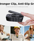 Wearable Bluetooth Speaker With All Day Battery Life And Clip On Convenience For Job Sites Water Resistant Pro Portable Speaker With Built In Mic For Hands Free Music And Calls Blue Non Magnet shown being clipped on apparel.