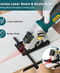 Enventor mini circular saw with laser guide, teal body, ruler scale, 3 blades