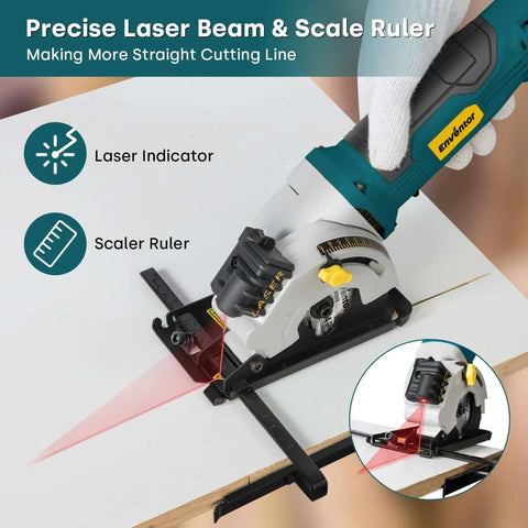 Enventor mini circular saw with laser guide, teal body, ruler scale, 3 blades