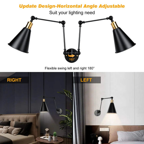 2 Pack Adjustable Swing Arm Wall Sconces Hardwired Industrial Metal Vintage Style Wall Mount Lamps With Up Down Lamp Head And Arm Joints, Bulbs Not Included, Ideal For Living Room Hallway Kitchen