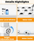 Indoor Hydroponics Growing System Kit With 17 Pod Garden showing water level window, inlet, outlet, and height adjustable knob.