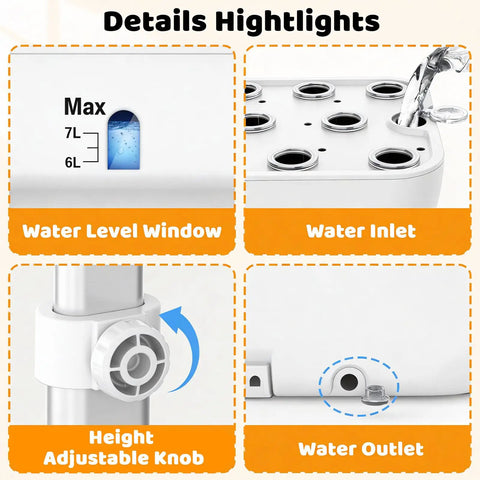 Indoor Hydroponics Growing System Kit With 17 Pod Garden showing water level window, inlet, outlet, and height adjustable knob.