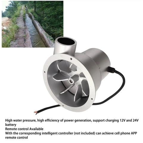 Compact Water Turbine Hydroelectric Generator With Permanent Magnet Brushless Motor for Off Grid Power next to water channel
