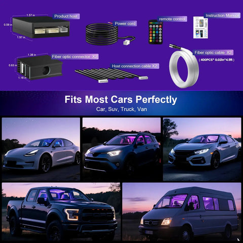 Starlight Headliner Kit With 400pcs Fiber Optic RGBW Star Lights For Car Roof Ceiling, product components and car applications