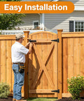 Heavy Duty Wood Fence Gate Hardware Kit With 2 T Strap Hinges, Sliding Gate Latch, 2 Gate Handles, Black Finish, Built To Last, Rust Resistant And Weatherproof, 16 Inch Outdoor Gate Set For Yard Barn Shed installed on a wood fence gate