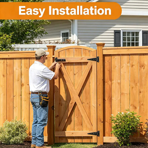 Heavy Duty Wood Fence Gate Hardware Kit With 2 T Strap Hinges, Sliding Gate Latch, 2 Gate Handles, Black Finish, Built To Last, Rust Resistant And Weatherproof, 16 Inch Outdoor Gate Set For Yard Barn Shed installed on a wood fence gate