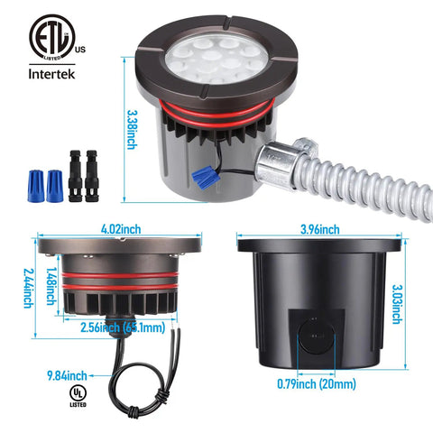 Dimensions and design of In Ground Well Lights Kit 4 Inch Flat Top, 5 Color Temperature Selectable 12 24V AC DC, CRI90 Low Voltage Landscape Lighting, Oil Rubbed Bronze Aluminum, Pack of 6.