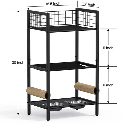 Four In One Cat Furniture Stand With Scratching Post Dual Feeding Bowls Cozy Bed Platform And Built In Storage Organizer For Small Spaces Matte Black Cat Tower That Dope Setup Adds Serious Space Savings And Cat Happiness, compact design with measurements