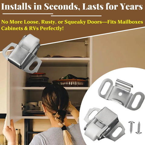 Heavy Duty Mailbox Replacement Roller Catch Kit With Screws, 8 Pack shown with a woman opening a cabinet