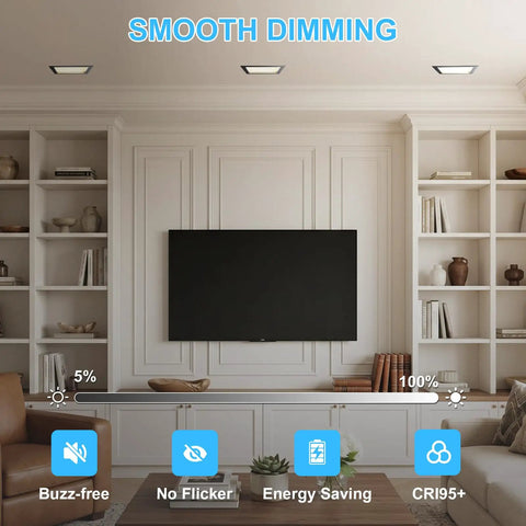 HITOO 8 Inch Square Recessed Ceiling Light, 3CCT, Dimmable, Black, 2 Pack installed in modern living room ceiling.