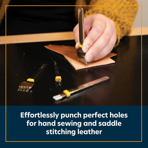 Person using Diamond Leather Stitching Chisel Set With Color Coded 4mm Hole Punch Kit For Hand Sewing And Saddle Stitching