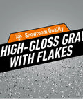 Two Part Epoxy Garage Floor Coating Kit Delivers Kickass Chemical Resistance And Showroom Shine Covering 550 Square Feet Gray with flakes.