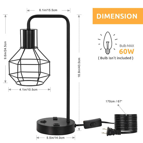 USB Powered Modern Table Lamp With Built In Outlet Industrial Farmhouse Bedside Desk Light showing dimensions and black finish.