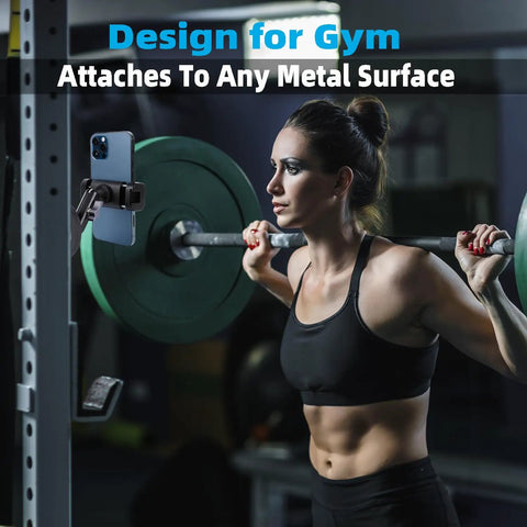 Magnetic Phone Holder Mount With 360 Degree Dual Ballhead And N52 Magnet Base attached to gym equipment during workout.
