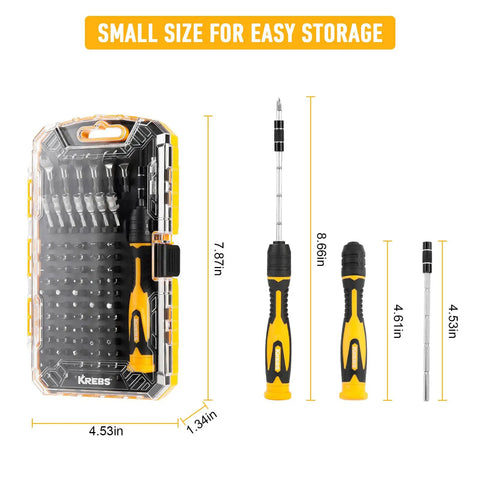 75-In-1 Precision Screwdriver Set With 67 Magnetic Bits And Mini Wrench in labeled case with tool size measurements shown