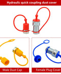 Image showing two sets of one half inch ISO A hydraulic coupler dust caps and female plug covers in red, yellow, and blue ripstop material.