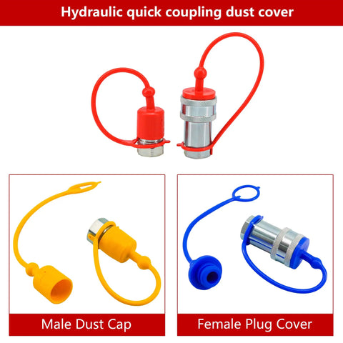 Image showing two sets of one half inch ISO A hydraulic coupler dust caps and female plug covers in red, yellow, and blue ripstop material.